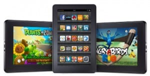 The Kindle Fire in portrait and landscape, showing a list of apps and a sample of the Angry Birds Game