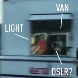 Photo labeling the presence of lighting equipment, a van and a DSLR taking the video of the girl riding the bike