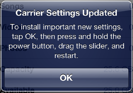 carrier settings screen indicating an update