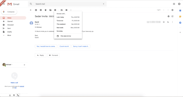 Gmail's updated web interface with snooze email function
